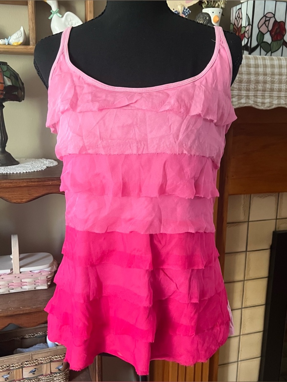 New York & Company y2k Pink Ombre Ruffle Tank Top